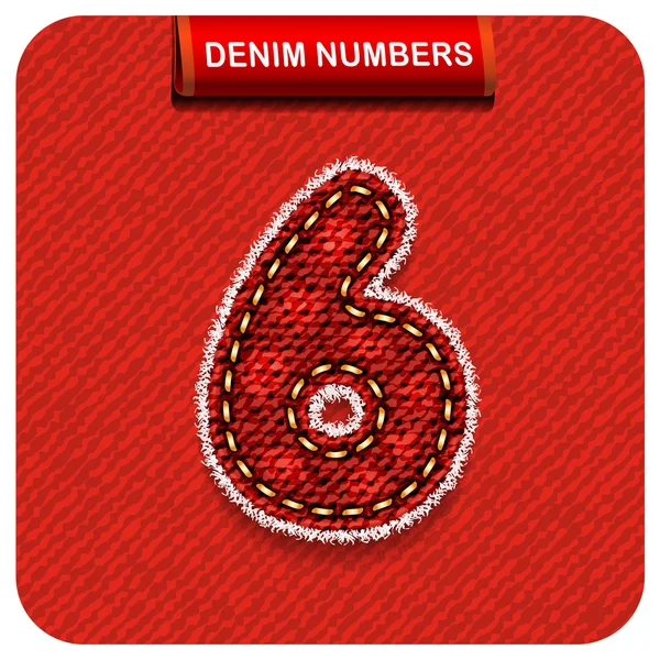 Red color denim number "6" — Stock Vector