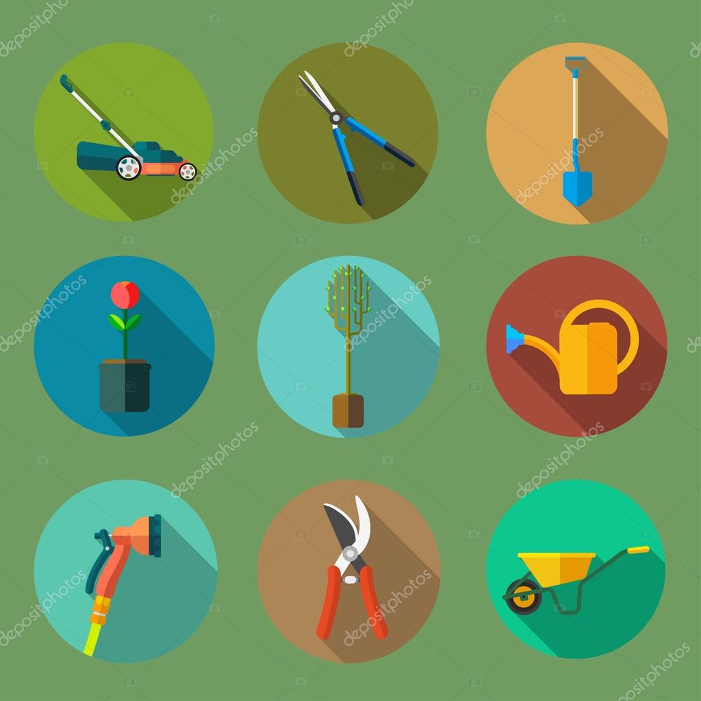 This is a set of garden tools in the form of flat icons. Lawn mower, hedge trimmers, shovel, pruning shears, seedlings, watering can, secateur, watering sprinkler ,wheelbarrow.