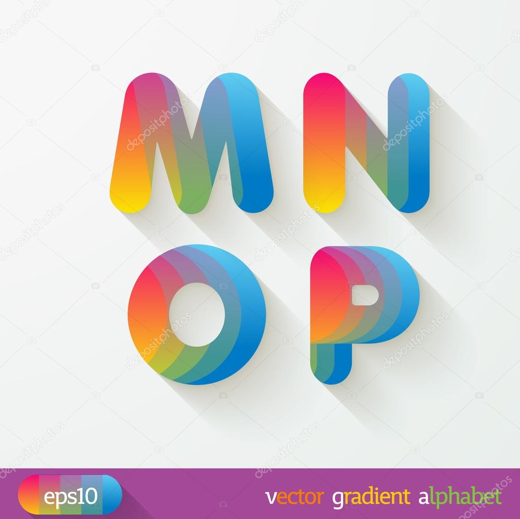 Joyful 3d set of cut paper vector alphabet. The Uppercase letters M, N,O, P. spectrum. Multicolored gradient. Eps 10.