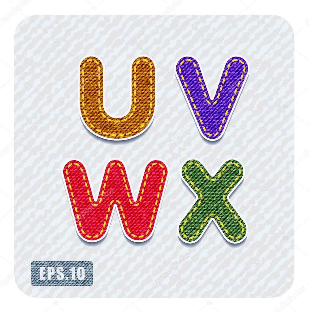Joyful 3d colorful denim uppercase letters. The letter U, letter V, letter W, letter X. Alphabet. The rest of uppercase and lowercase letters and numbers of the alphabet in my portfolio.