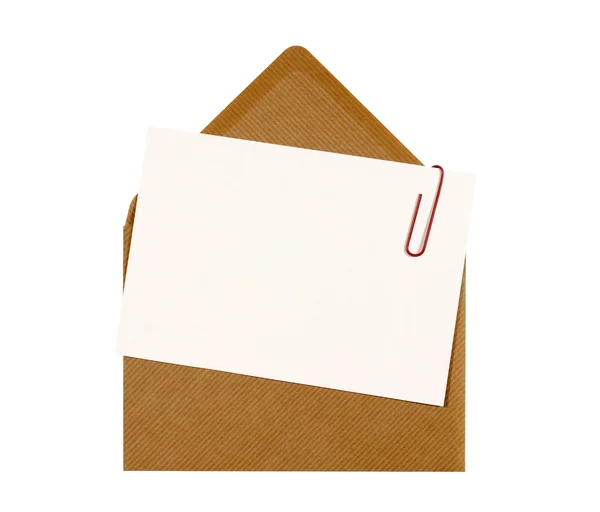 Blank message or invitation card with paperclip and brown manila envelope — Stock Photo, Image