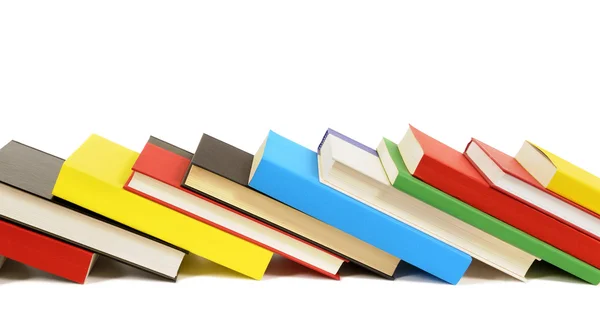 Leaning row of colorful books isolated on white — Stock Photo, Image