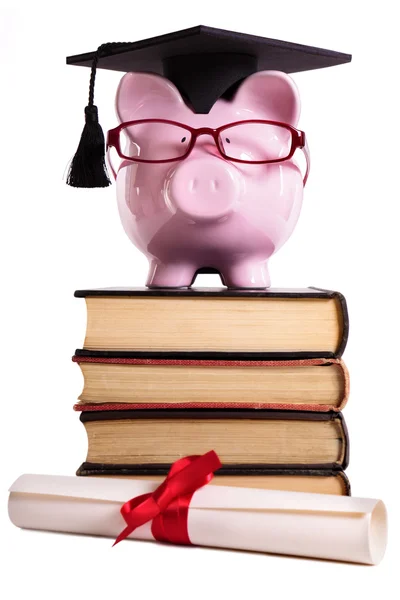 Studente laureato Piggy Bank diploma isolato su bianco — Foto Stock