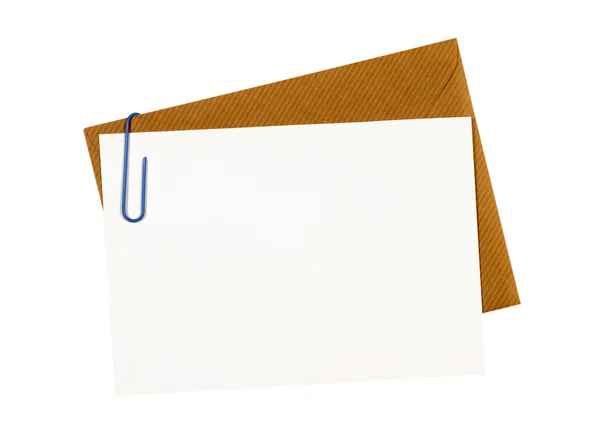 Brown manila envelope, blank letter or message card, paper clip, — Stock Photo, Image