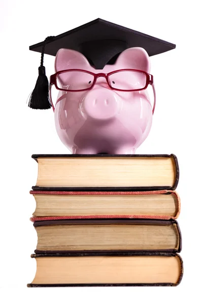 Estudante faculdade graduado porquinho banco isolado no fundo branco — Fotografia de Stock