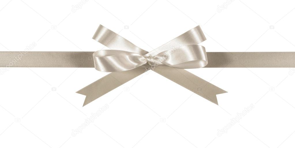 White or silver gift ribbon and bow straight horizontal isolated