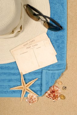Deniz yıldızı ve kartpostallar deniz kıyısı arka plan