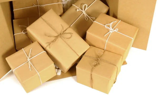 Cardboard shipping box with several brown paper packages inside — Stock Photo, Image