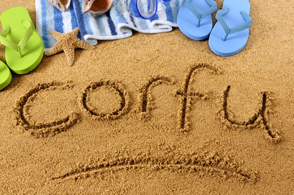 Corfú escritura de playa — Foto de Stock