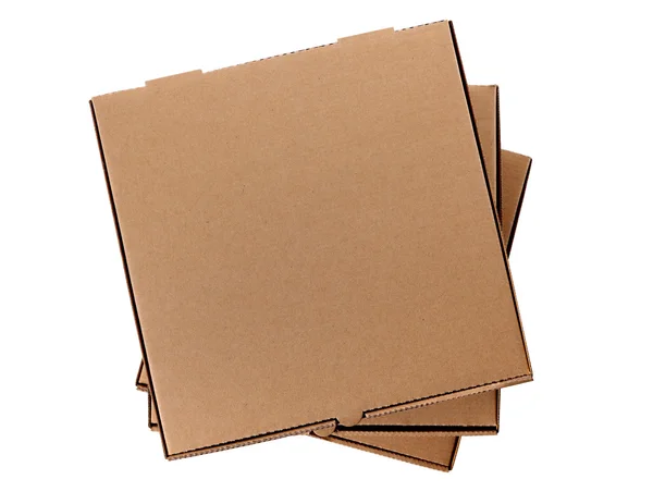 Pila di tre scatole di pizza marroni — Foto Stock