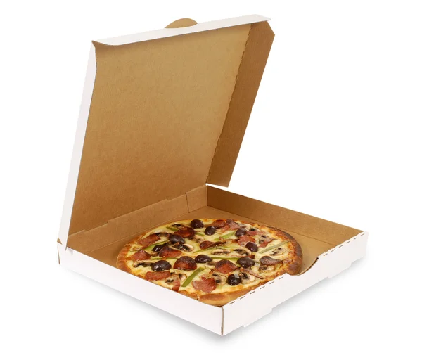 Pizza i vanlig vit ruta — Stockfoto