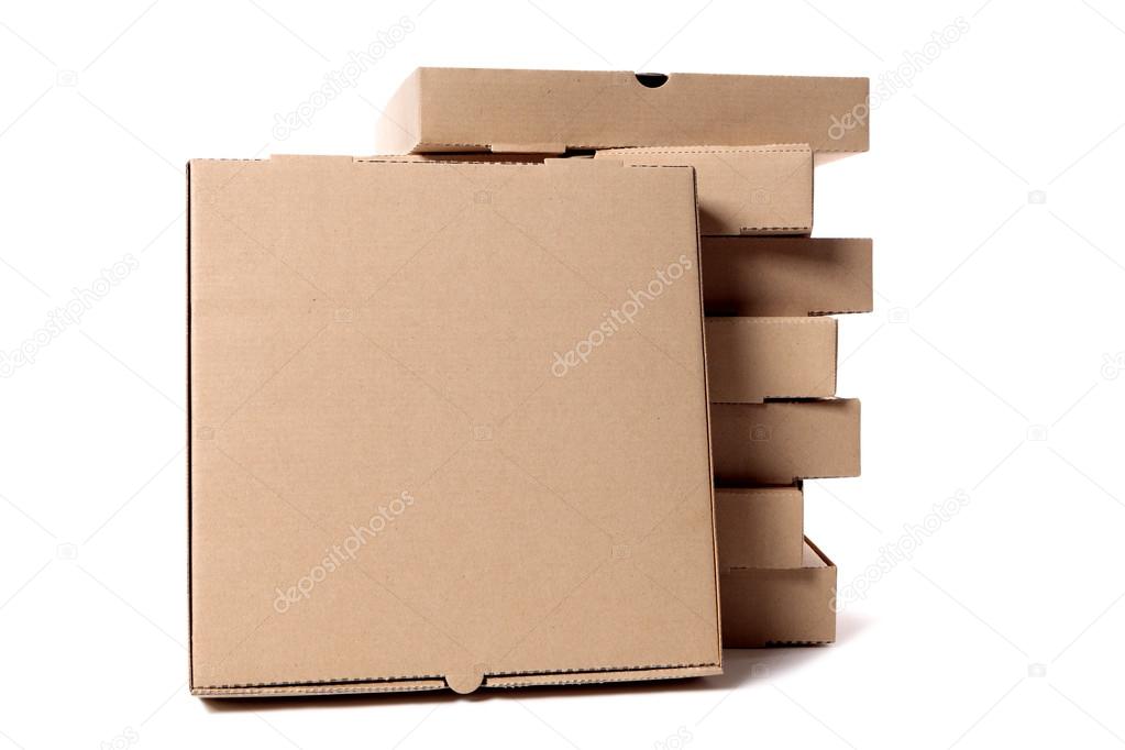 Stack of brown pizza boxes with display box