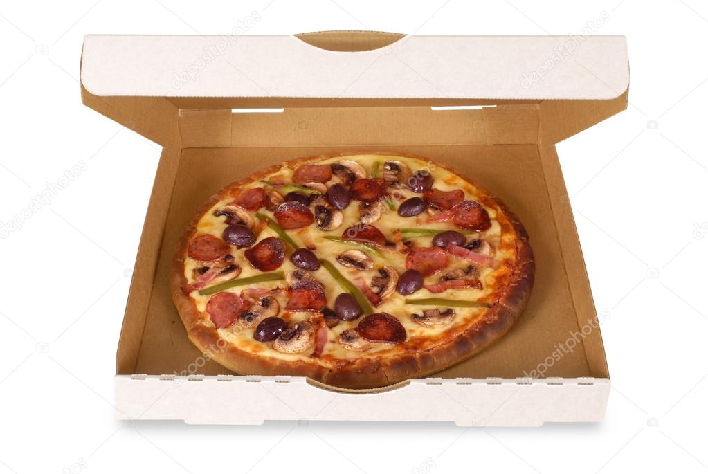 Pizza in plain white box