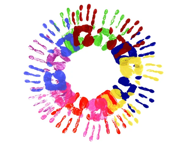 Impressões das mãos círculo multicolor — Fotografia de Stock