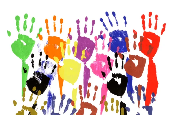 Raised hands in acrylic paint — Stock Photo, Image