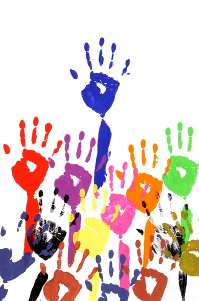 Raised hands in acrylic paint — Stock Photo, Image