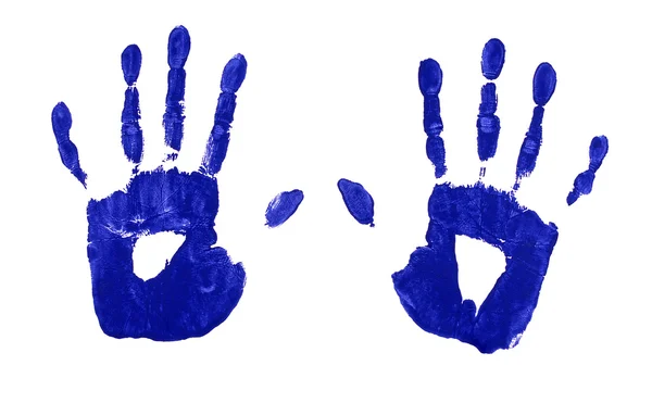 Handprints in blue paint — Stock Photo, Image