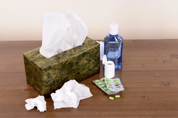 Box of tissues with medicine — Stock Photo, Image