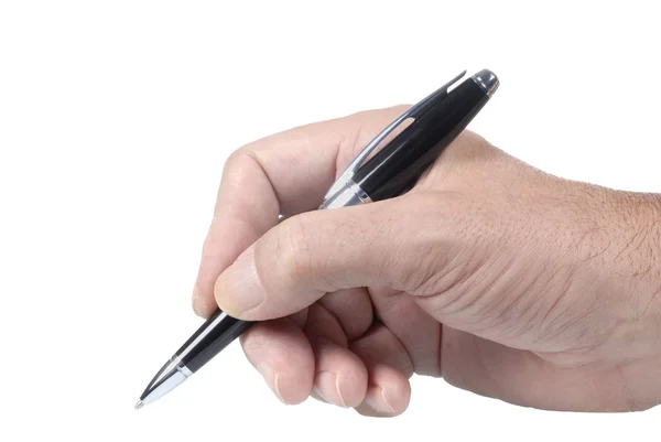 Black ballpoint pen in male hand — Stock Photo, Image