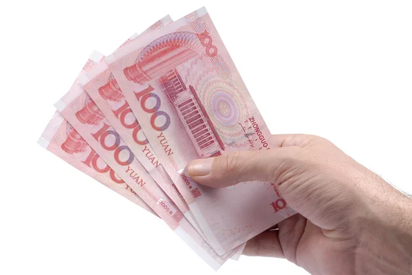 Yuan chinês na mão masculina — Fotografia de Stock
