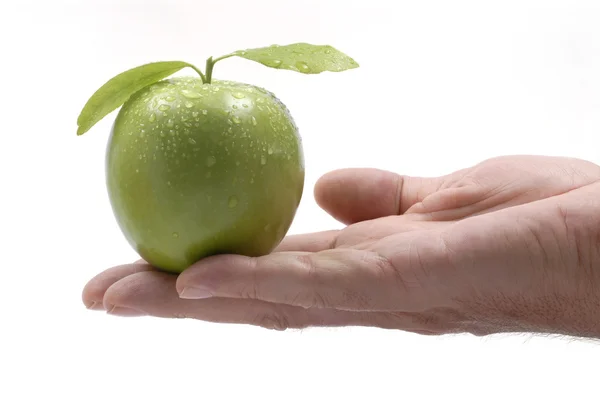 Green apple in male hand — Stock Photo, Image