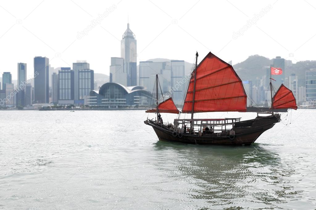 Hong Kong skyline with traditional junk boat