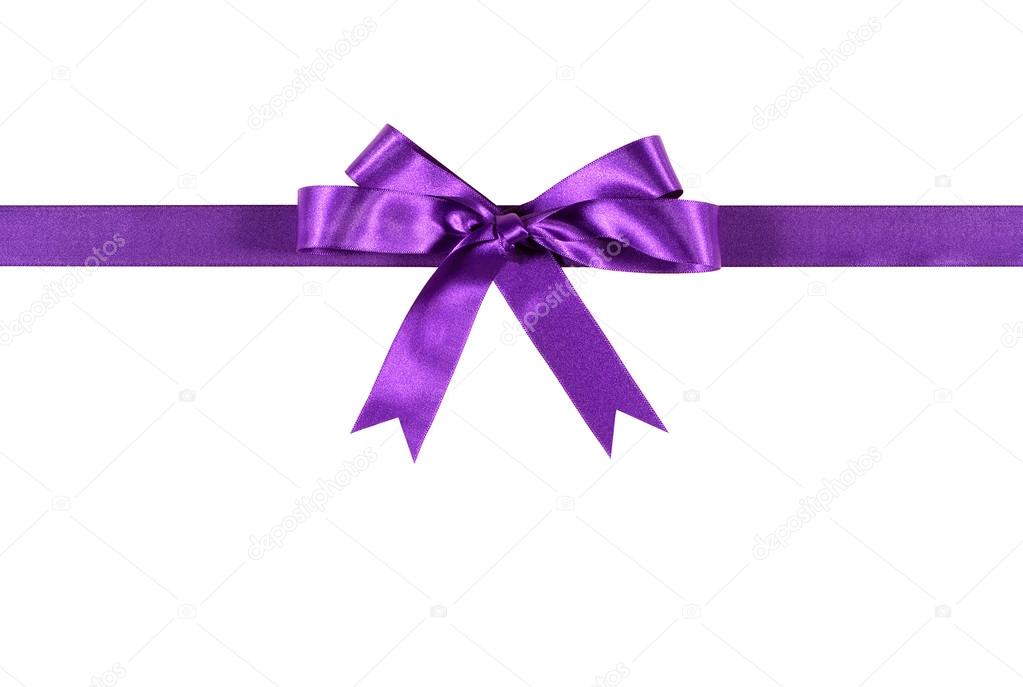 Purple gift ribbon and bow isolated on white background horizont