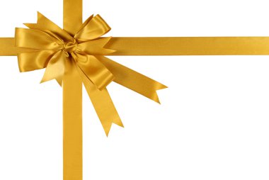 Sarı altın hediye şerit yay üzerinde izole beyaz arka plan