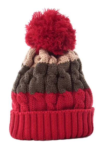 Red striped winter knitted bobble hat isolated vertical — Stock Photo, Image