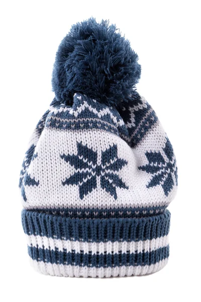 Bobble niebieski kapelusz lub dzianiny zimowych kapelusz na białym tle pionowe — Zdjęcie stockowe