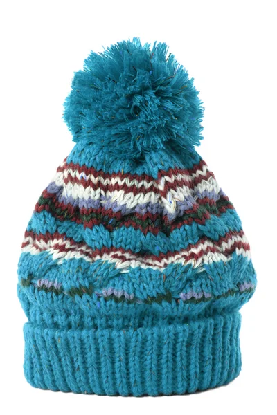 Cappello bobble blu o cappello in maglia isolato su uno sfondo bianco . — Foto Stock