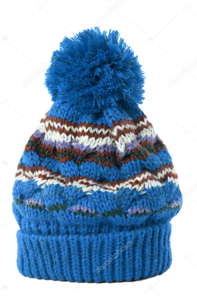 Blue winter bobble hat or ski hat isolated on white