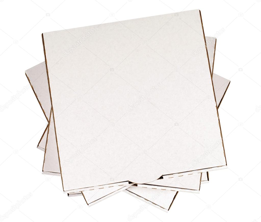 Small stack of blank white pizza boxes isolated on a white backg