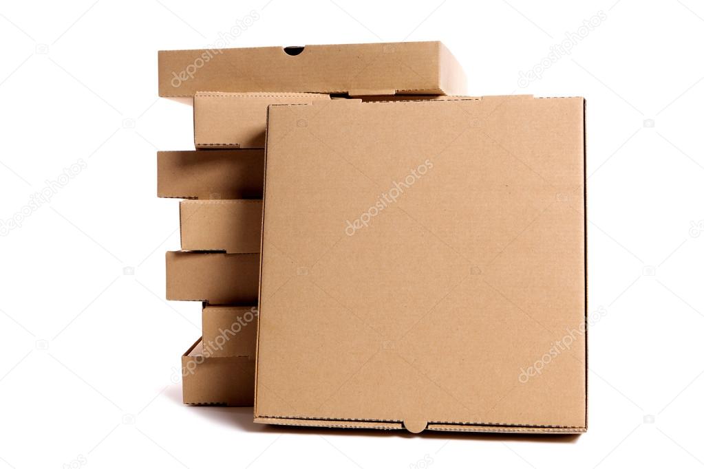 Stack of brown pizza boxes with display box