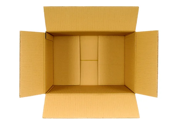 Top view of an open plain brown blank empty cardboard box isolat — Stock Photo, Image