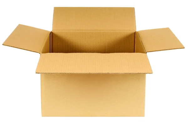Відкрита звичайна коричнева порожня картонна коробка ізольована на білому фоні — стокове фото