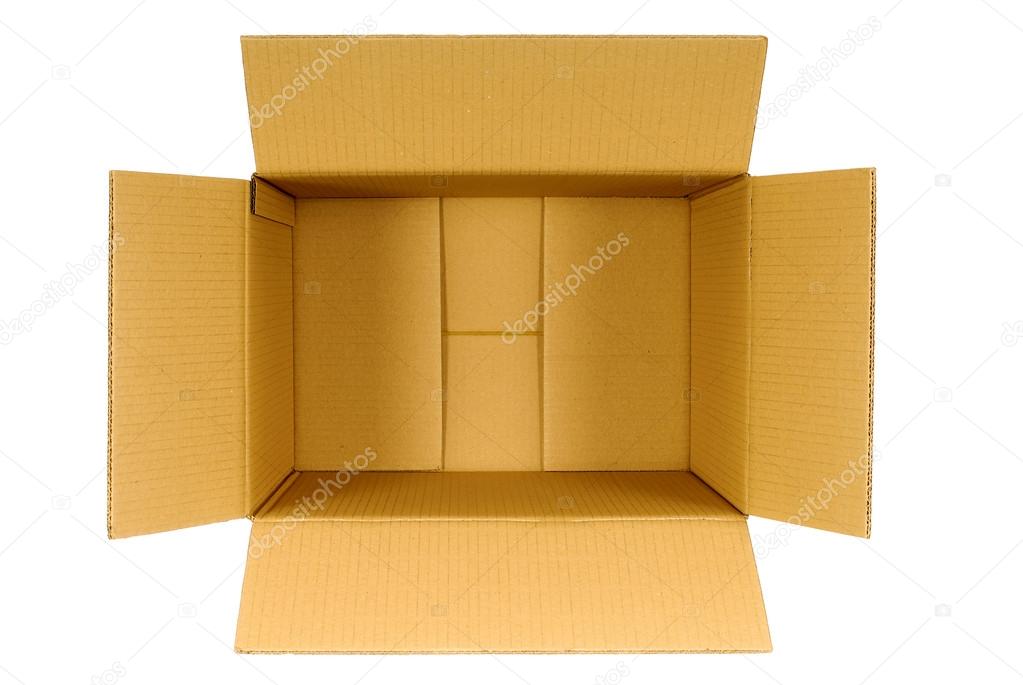 Top view of an open plain brown blank empty cardboard box isolat