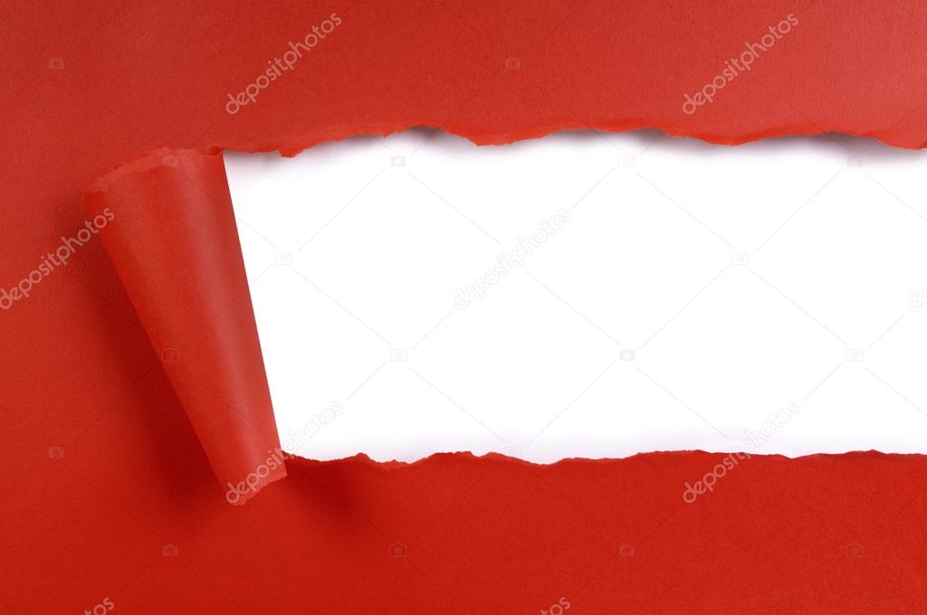 Torn strip red craft paper, white background, copy space