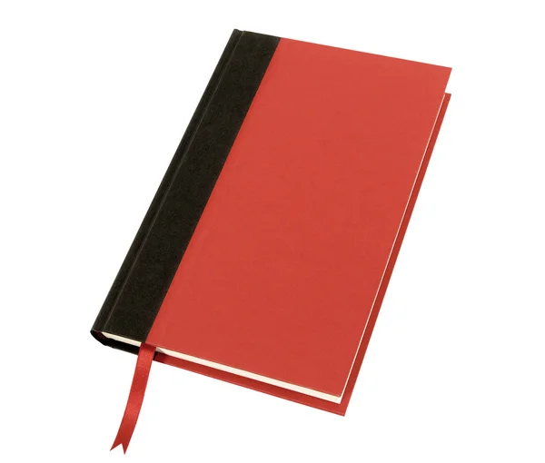 Piros keménytáblás könyv, borító könyvjelzőnézetben elszigetelt fehér — Stock Fotó