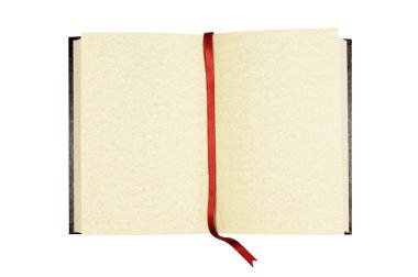 Eski açık kitap üzerine beyaz izole kırmızı kurdele yer işareti ile boş