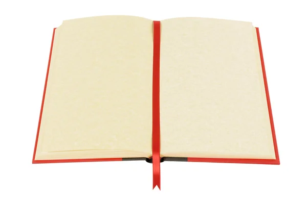 Old blank open book with red ribbon bookmark isolated on white — Stock Photo, Image