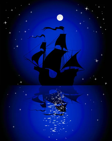 Silhouette eines Segelschiffs bei Nacht unter dem Mond — Stockillustration Segelboot im Mondschein — Stockvektor