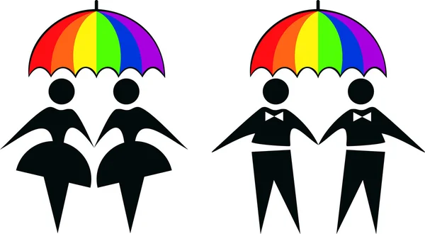 Gay y lesbiana bajo arco iris paraguas — Vector de stock