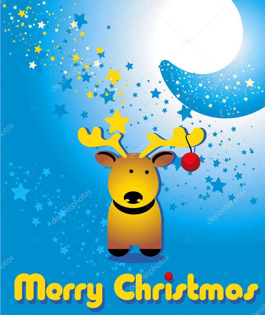 Christmas card with funny deer and moon
