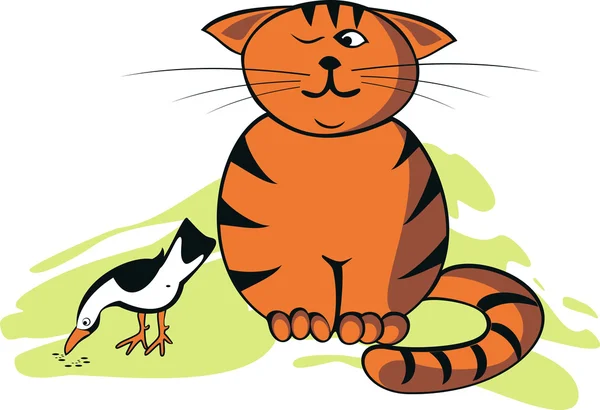 Vector illustration funny cat and bird — Stock Vector