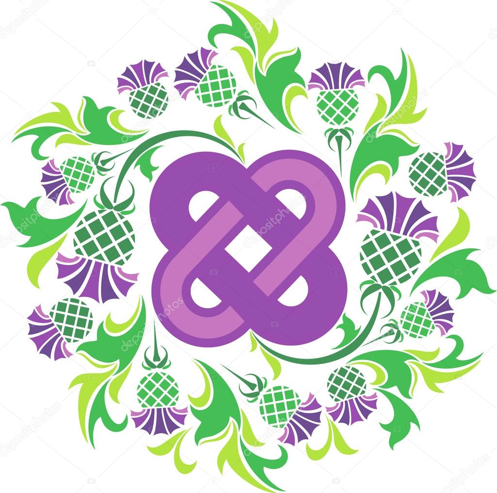 Celtic knot surrounded by flowers thistle