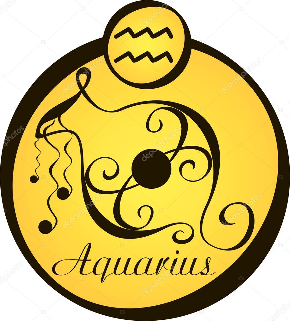 Stylized zodiac signs in a yellow circle - aquarius