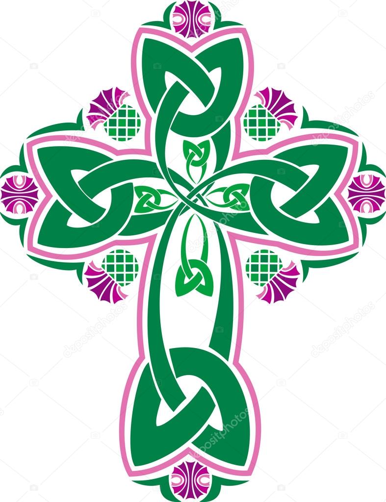 Vector image Celtic cross with flowers thistle