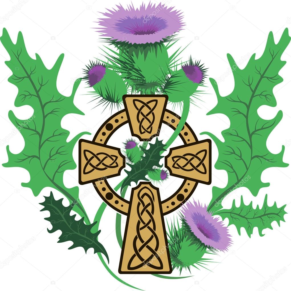 Stylized Celtic cross framed thistle flowers