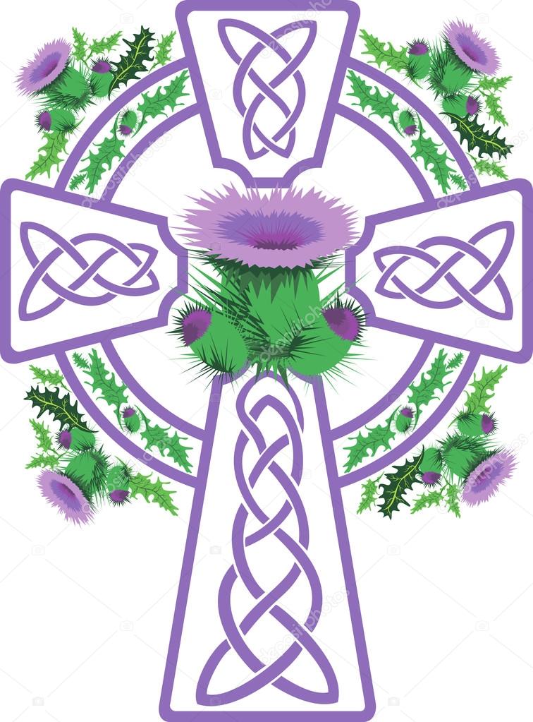 Stylized pink Celtic cross framed thistle flowers
